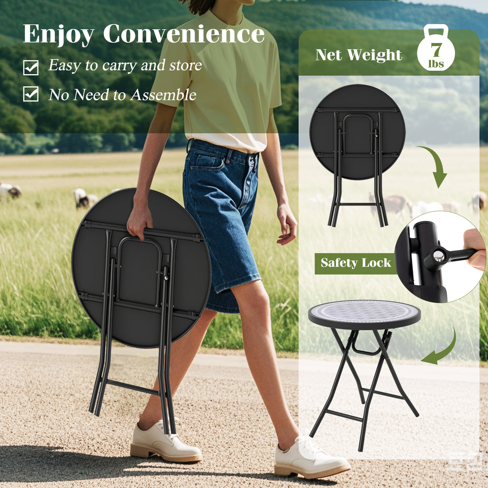 Round gray folding side table with tempered glass top, lightweight design, and safety lock for indoor or outdoor use.