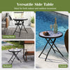 Round gray folding side table with tempered glass top, ideal for indoor and outdoor use in backyard or poolside.