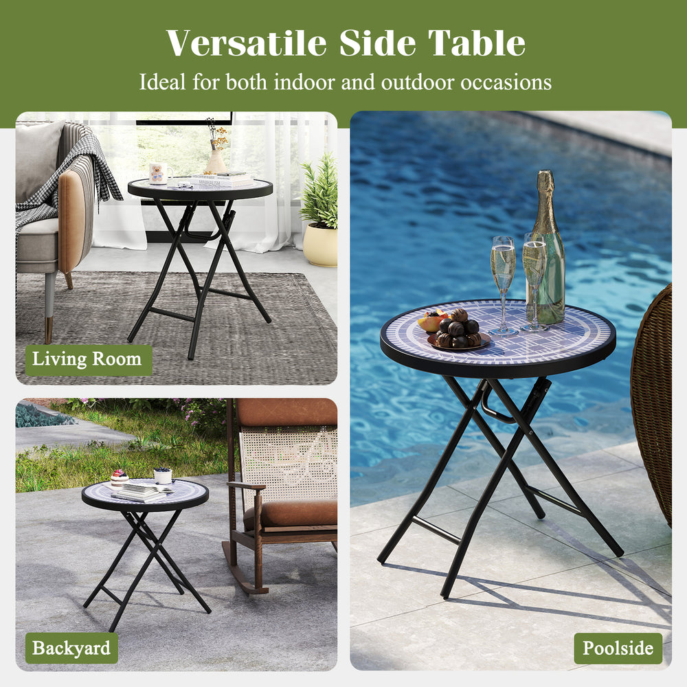Round gray folding side table with tempered glass top, ideal for indoor and outdoor use in backyard or poolside.