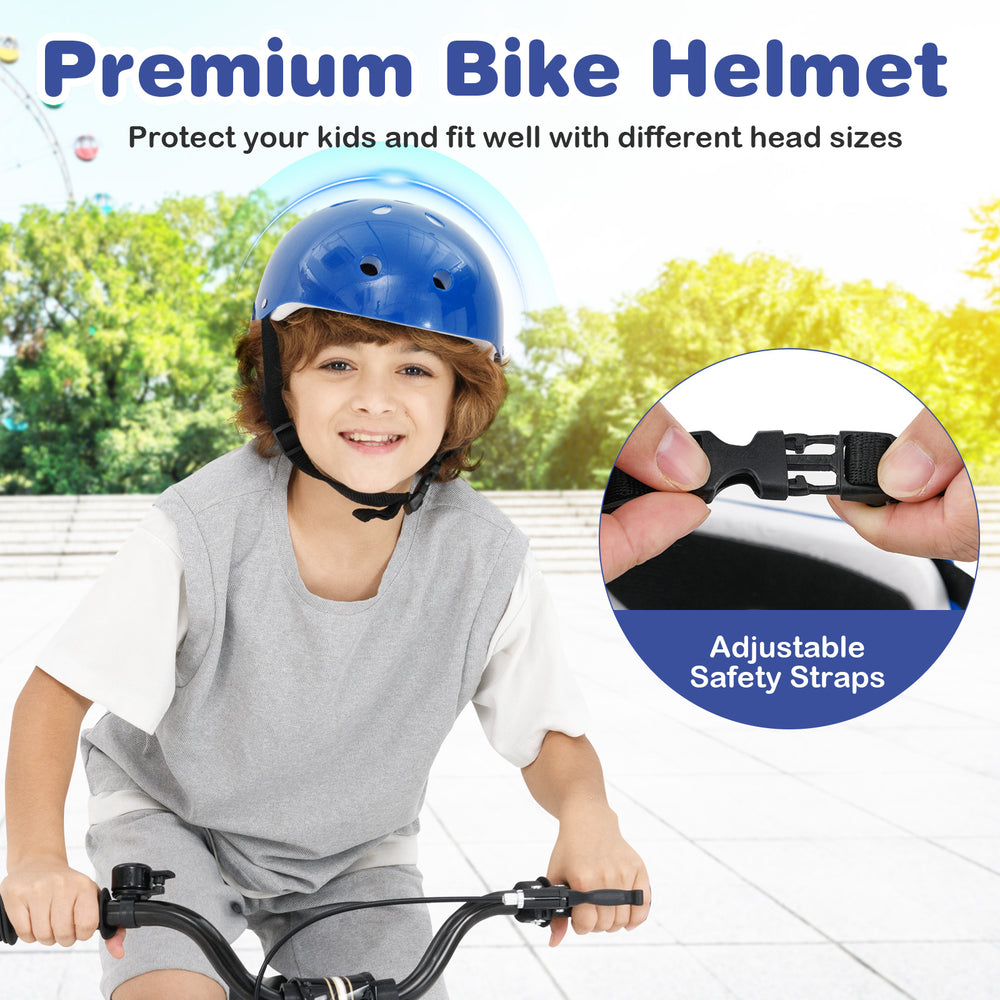 Kids bike helmet in blue with adjustable safety straps, designed for comfort and protection while cycling.