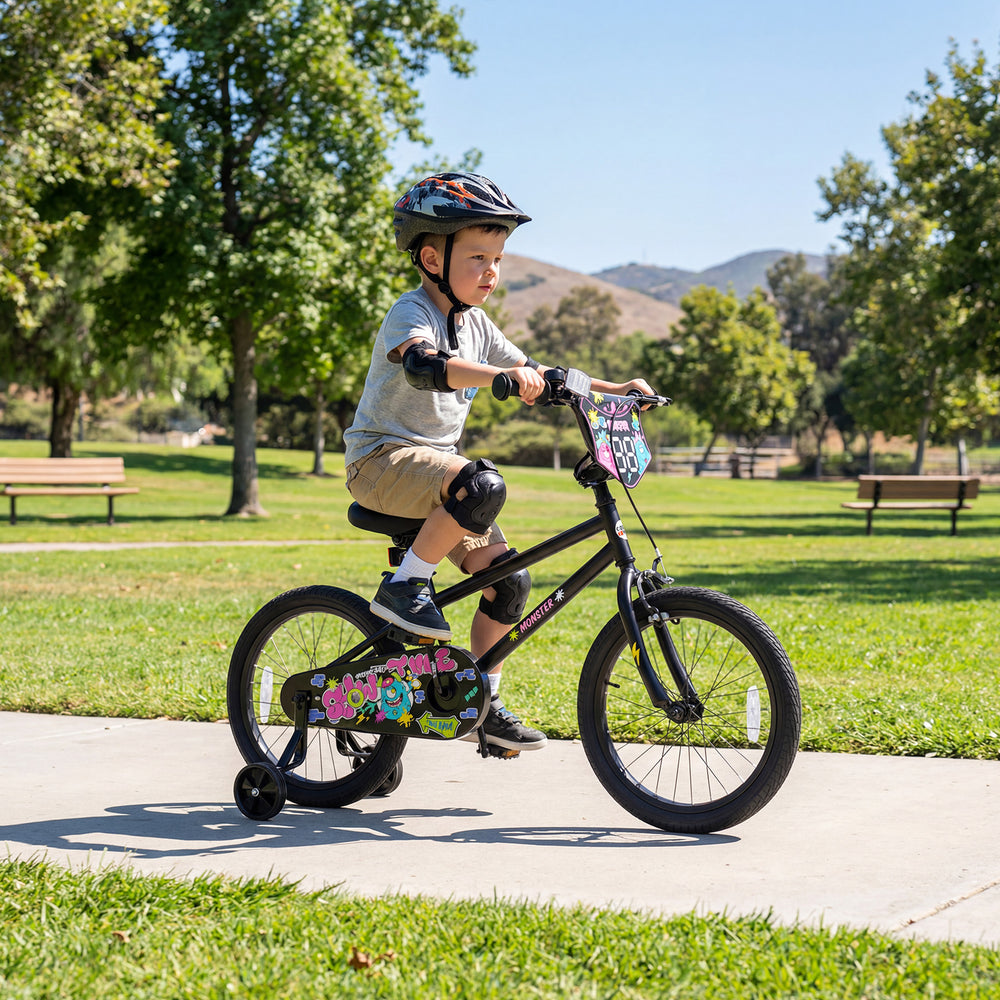 18 Inch Kids Bike with Training Wheels for Ages 4-8 Years Old Black- Street Art Time - Gallery View 1 of 10
