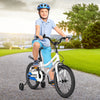 Kids bike with removable training wheels in white, featuring adjustable seat, hand brake, and storage basket for.