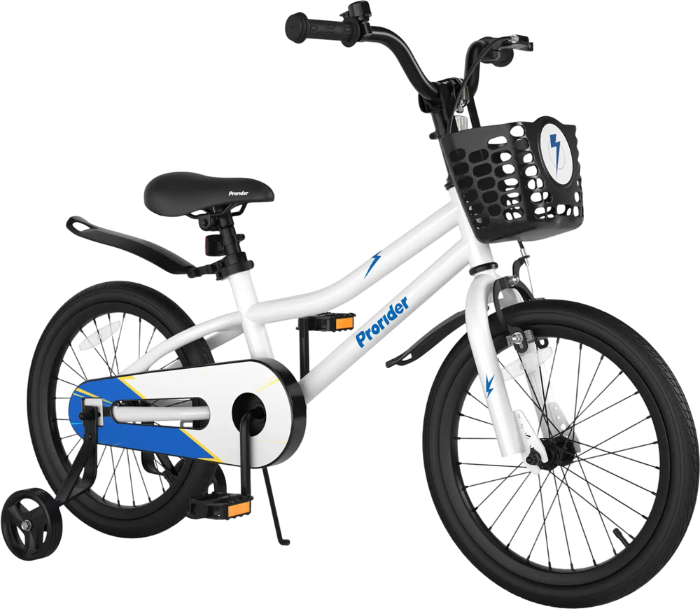 Kids bike with removable training wheels, white carbon steel frame, adjustable seat, and storage basket for toys.
