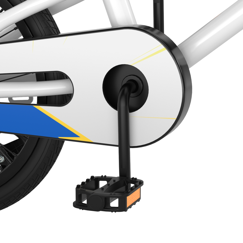 Close-up of the pedal and crank of the 18 Feet Kids Bike with removable training wheels, featuring a durable carbon.