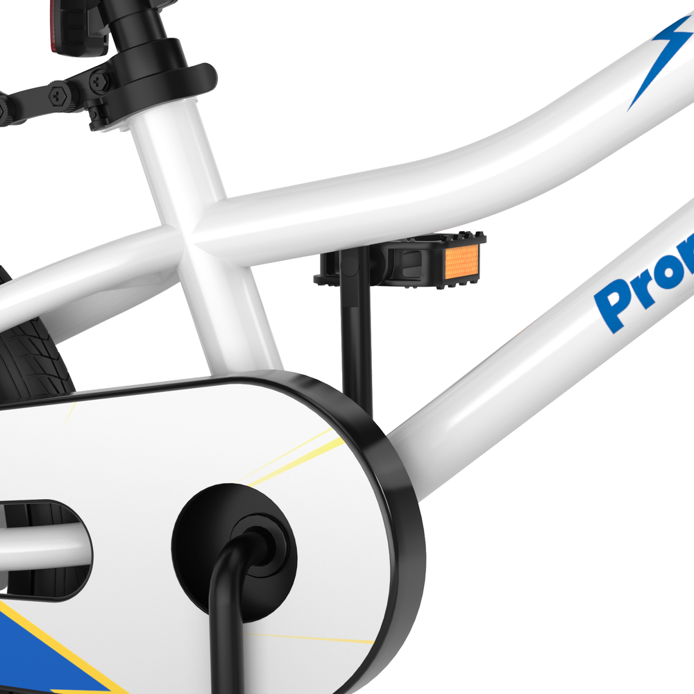 Close-up of the white frame of the 18 Feet Kids Bike with removable training wheels, featuring a durable carbon steel.
