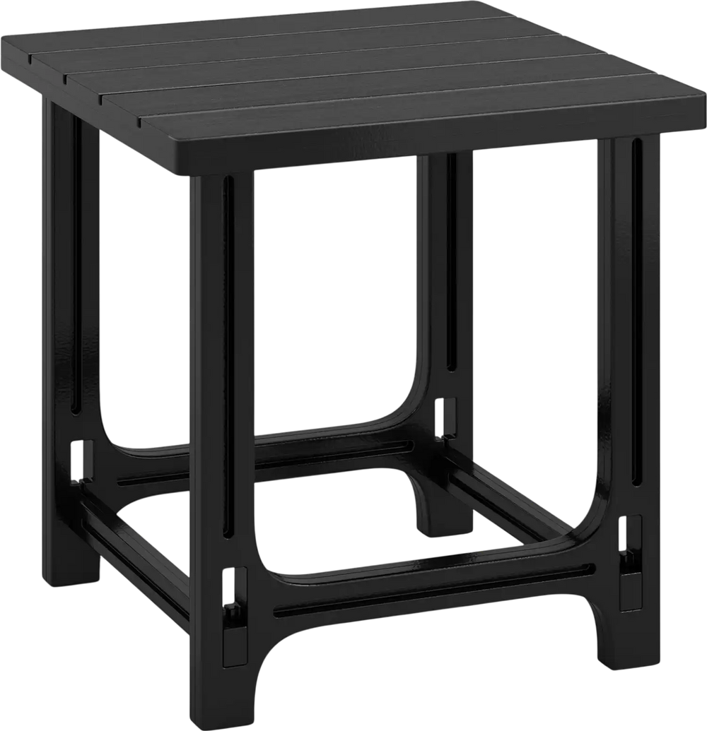 The black 18-inch outdoor Adirondack side table features a sturdy frame and wood-look texture, suitable for outdoor settings.