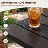 18-inch black outdoor Adirondack side table with slatted surface, made of all-weather HDPE material for poolside use.