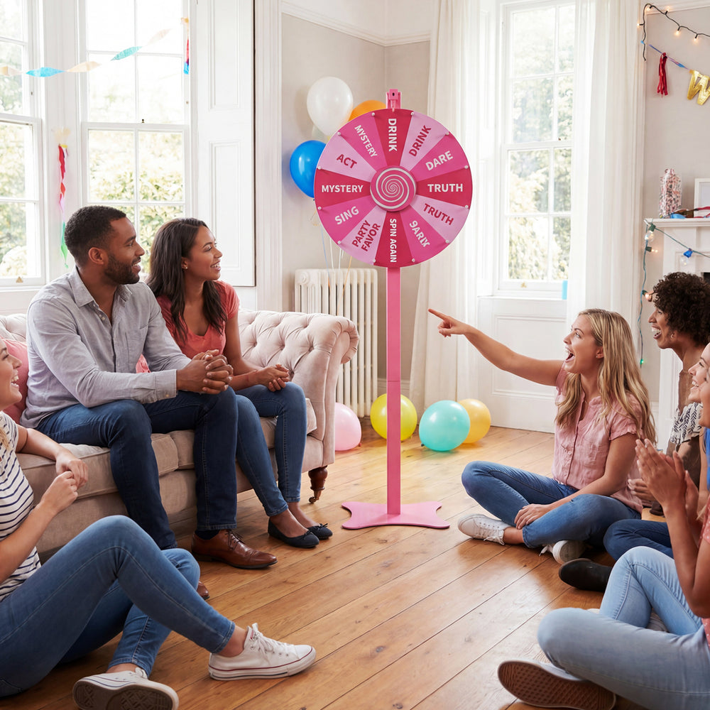 18-inch prize wheel with blackboard marker, eraser, and stable base, ideal for party games and events.