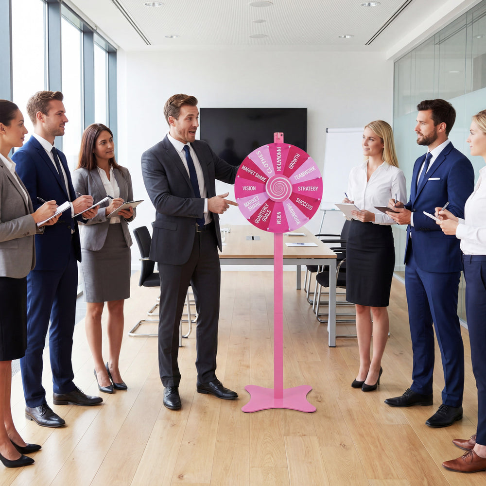 18-inch prize wheel with blackboard marker, eraser, and stable base, ideal for company events and party games.
