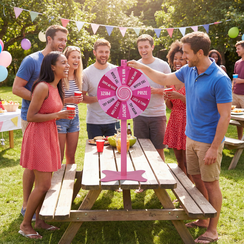 18-inch prize wheel with blackboard marker, used for party games, featuring smooth rotation and stable base.