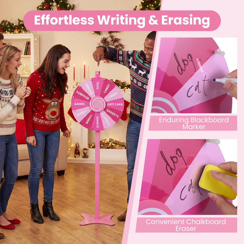 18-inch prize wheel featuring a blackboard marker and eraser, ideal for party games and events with smooth rotation.