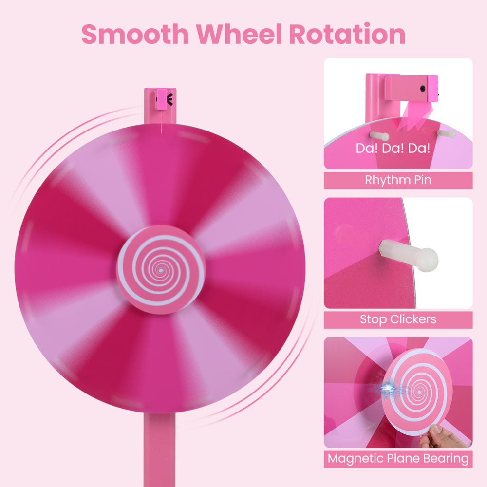 18-inch prize wheel with smooth rotation, rhythm pin, and stop clickers, ideal for events and party games.