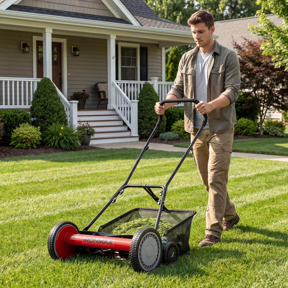 18 Inch Push Reel Lawn Mower 4-Position Adjustable with Removable Grass Catcher-Red - Gallery View 1 of 10