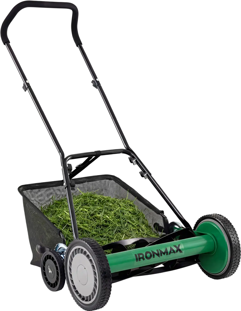 18-inch push reel lawn mower with detachable grass catcher, featuring adjustable height settings for cleaner cuts.