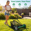 Push reel lawn mower with 18-inch cutting width, removable grass catcher, and adjustable height settings for easy.