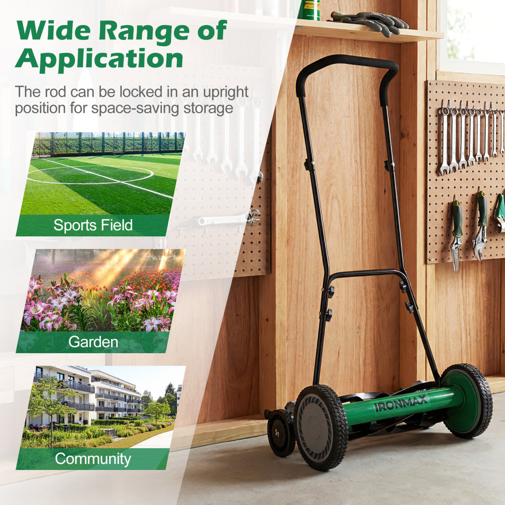 18-inch push reel lawn mower in green with removable grass catcher, ideal for gardens and community lawns.