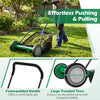 18-inch push reel lawn mower with foam-padded handle and large treaded tires for easy maneuverability and comfort.