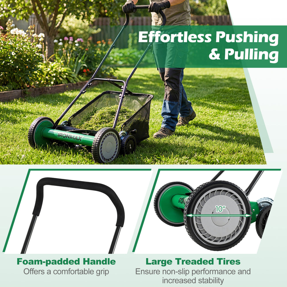 18-inch push reel lawn mower with foam-padded handle and large treaded tires for easy maneuverability and comfort.