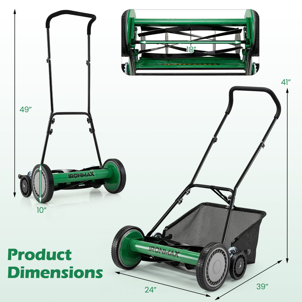 18-inch push reel lawn mower with adjustable height, removable grass catcher, and ergonomic handle for easy mowing.