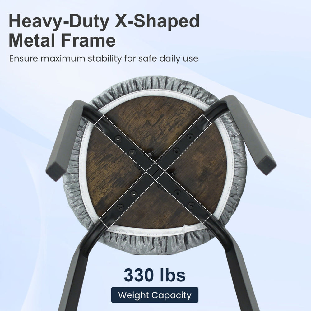 Heavy-duty X-shaped metal frame supports 330 lbs, ensuring stability for the 18-inch round stackable stools with washable covers.