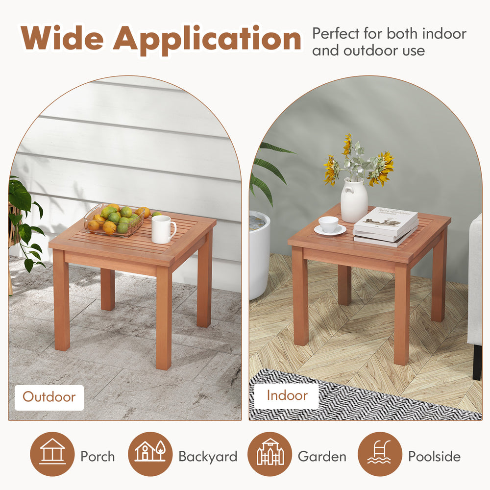 18-inch square end table made of natural eucalyptus wood, featuring a slatted tabletop for outdoor and indoor use.