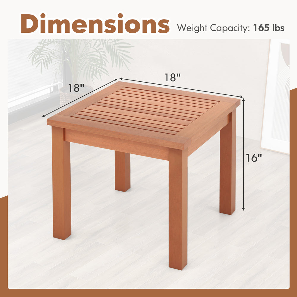18-inch square outdoor side table made of eucalyptus wood with a slatted top, ideal for indoor and outdoor use.