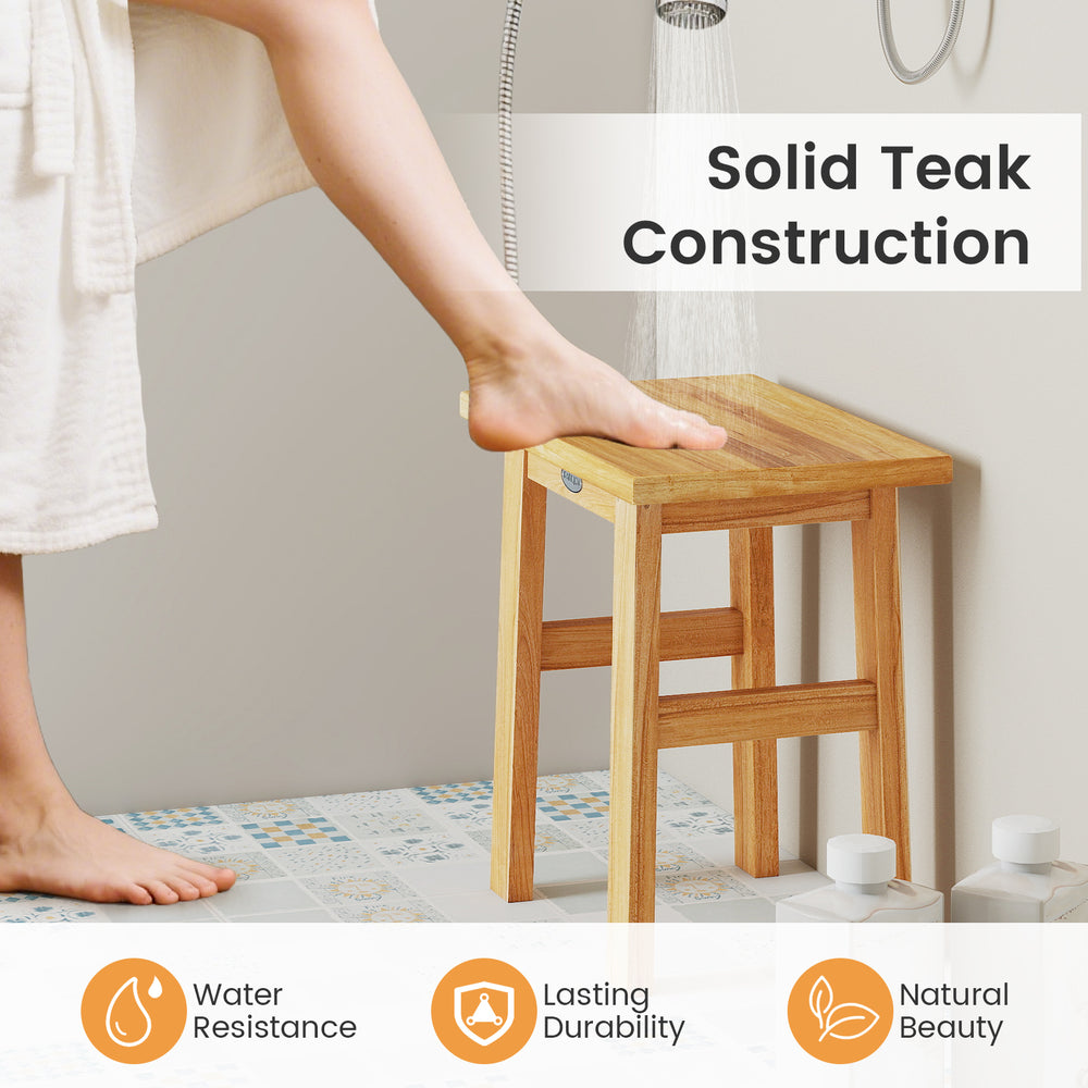 18-inch teak shower bench with solid construction, water resistance, ideal for shaving legs or as a side table.