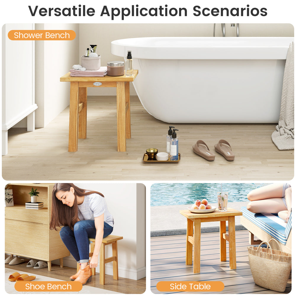 Teak shower bench with solid construction, water resistance, and versatile use as a shoe bench or side table.