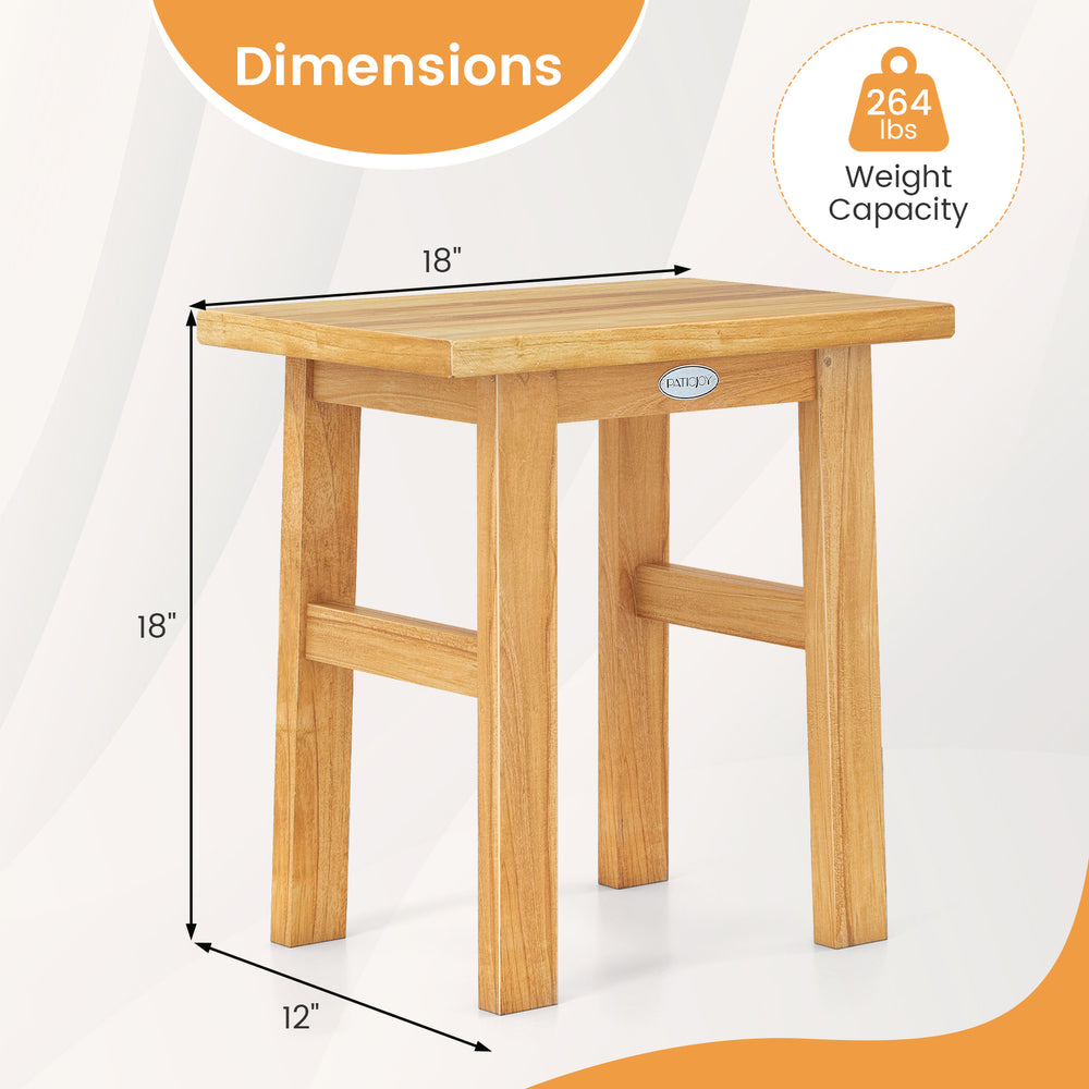 18-inch teak shower bench with solid construction, water resistance, and 264 lbs capacity, perfect for indoor or.