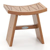 Curved seat teak wood shower bench with sturdy legs, ideal for bathroom use or as a versatile side table.