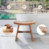 Curved 18-inch teak wood shower bench with smooth corners, ideal for bathroom use and easy drainage.