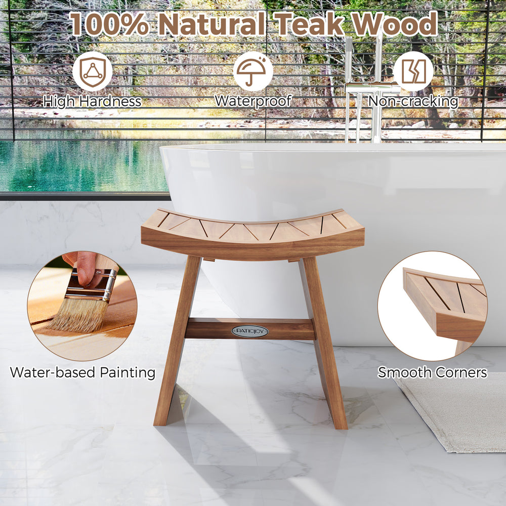 Curved 18-inch teak wood shower bench with smooth corners, ideal for bathroom use and easy drainage.
