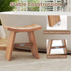 Teak wood shower bench with curved seat, 10" wide legs for stability, ideal for bathroom or outdoor use.