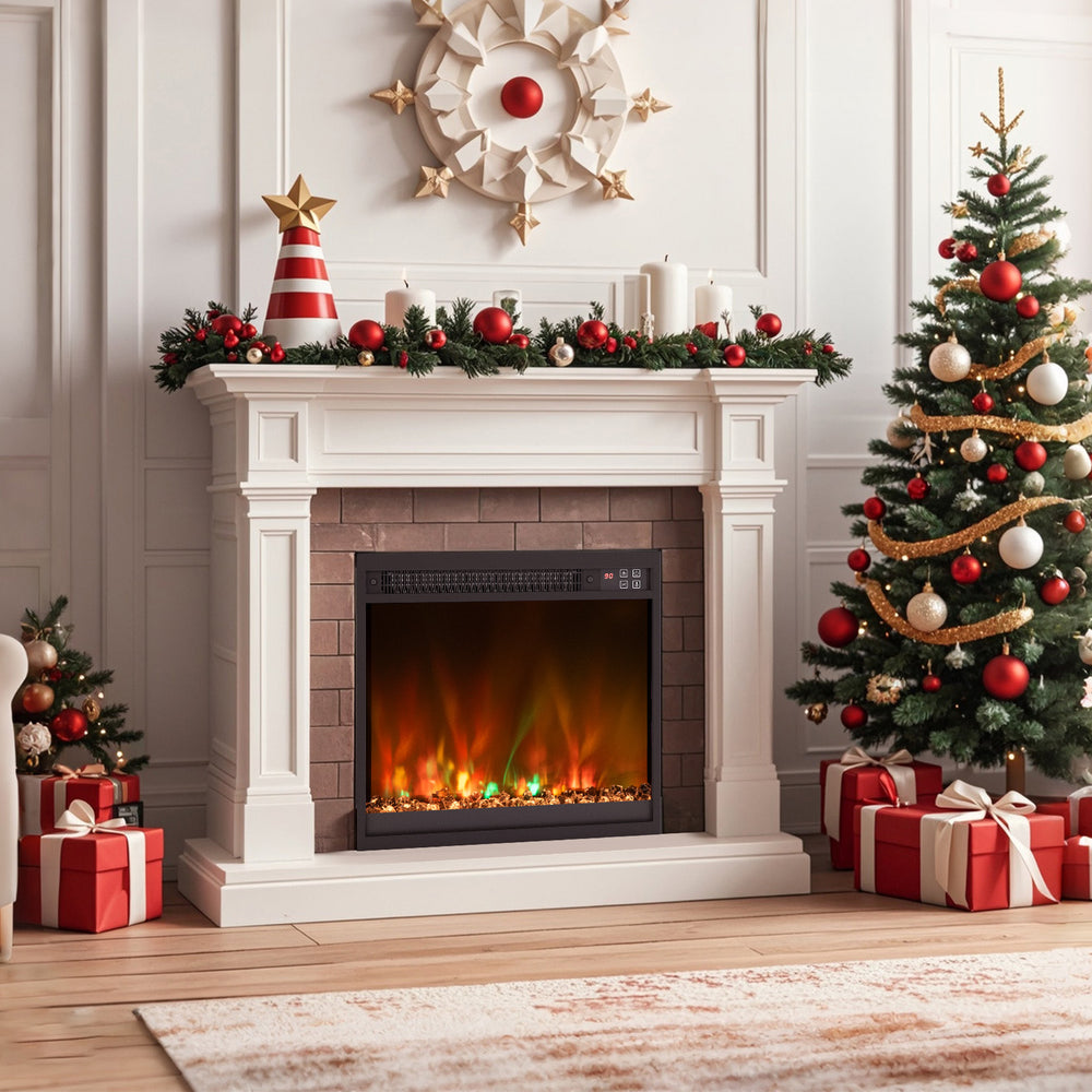 Electric fireplace insert with remote control, featuring 8 flame colors and 1500W power for cozy winter ambiance.