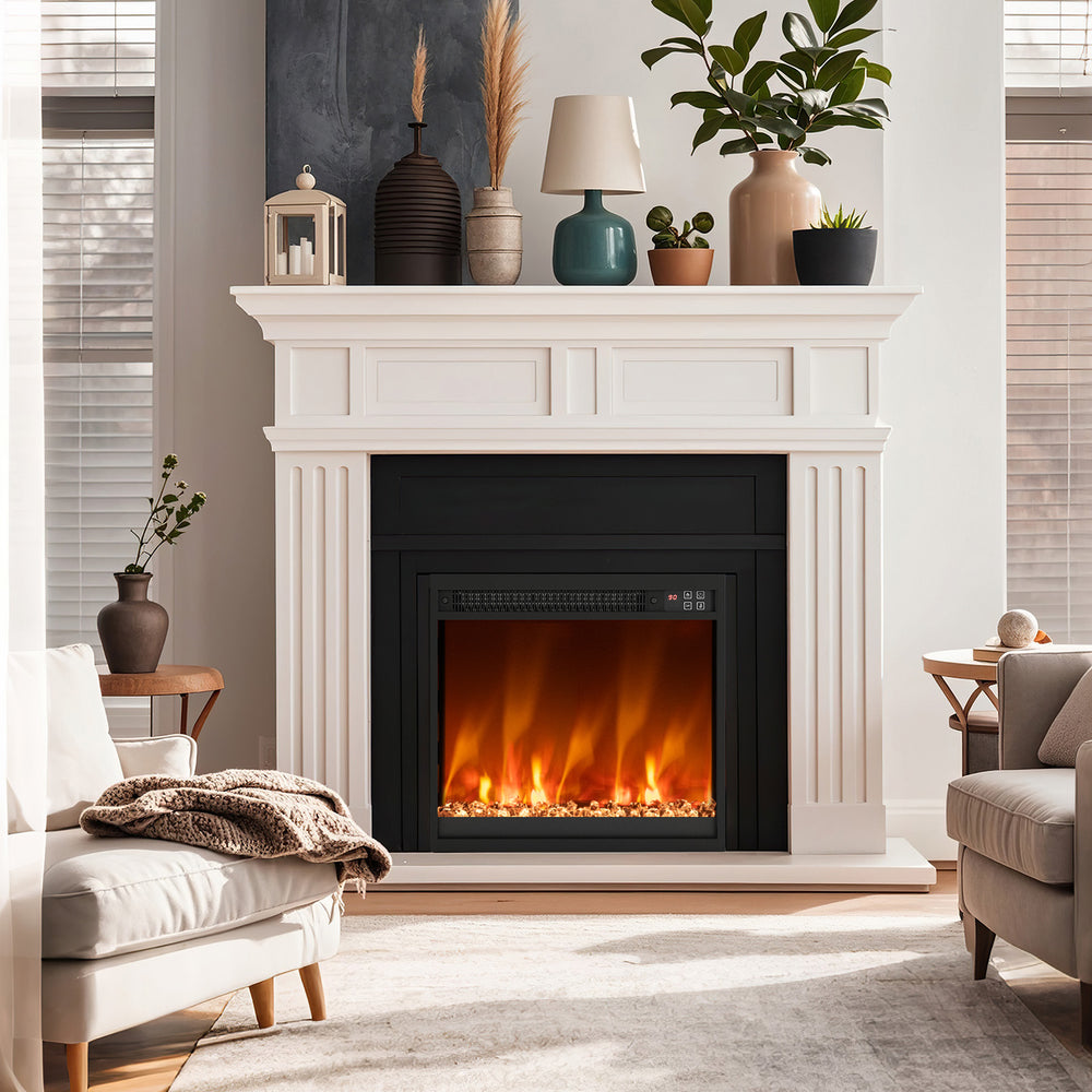 Electric fireplace insert with remote control, 1500W, adjustable temperature, and multiple flame colors for cozy.
