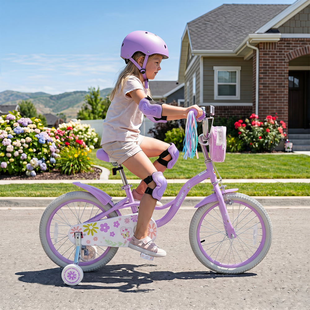 18 Inches Girls Bike with Front Bag and Streamers for 4-8 Years Purple - Gallery View 1 of 9