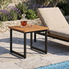 Square acacia wood patio side table with slatted top and black powder-coated metal frame, ideal for outdoor use.