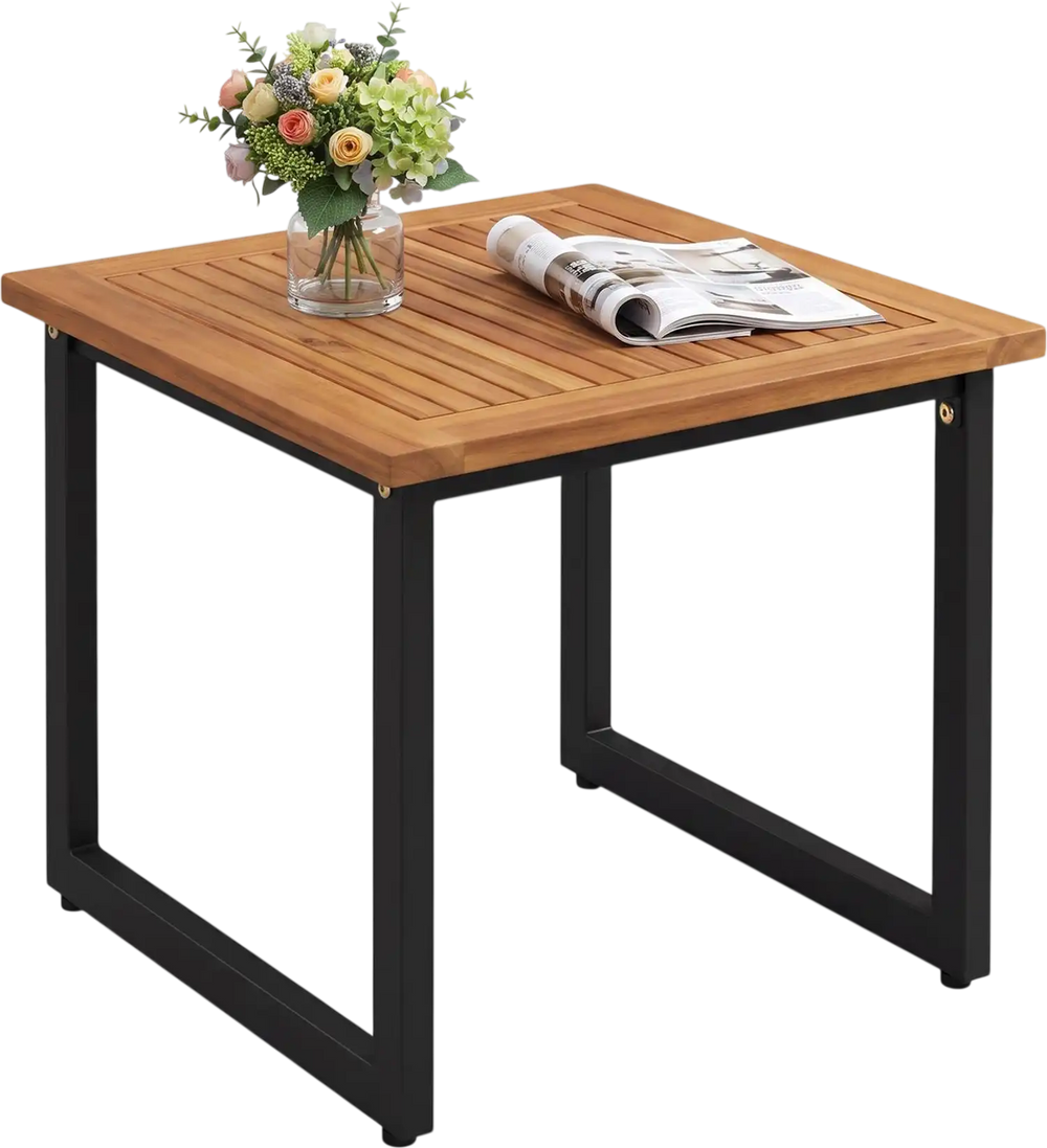 Square acacia wood patio side table with slatted top and powder-coated metal frame, perfect for outdoor or indoor use.
