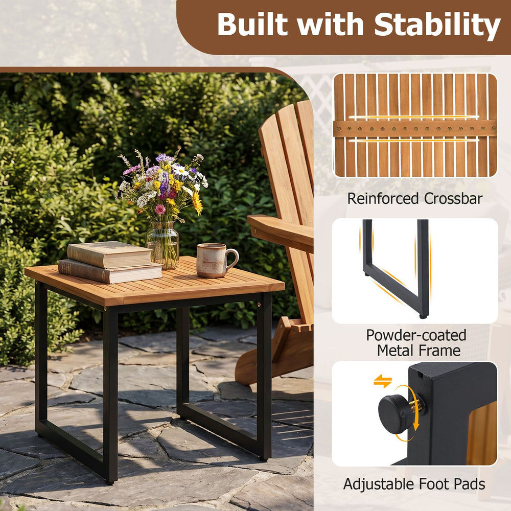 Square acacia wood patio side table with slatted top, powder-coated metal frame, ideal for outdoor or indoor use.