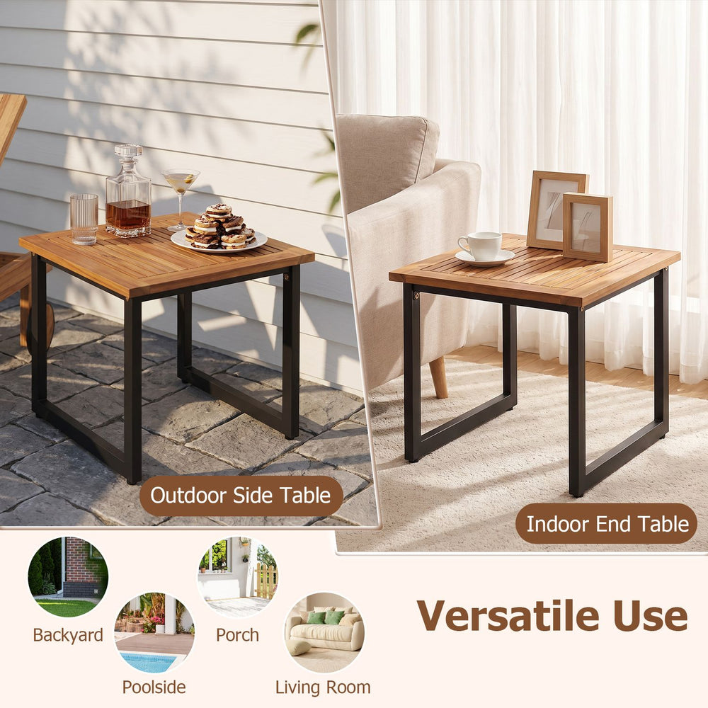 Square acacia wood patio side table with slatted top and powder-coated metal frame, perfect for indoor or outdoor use.
