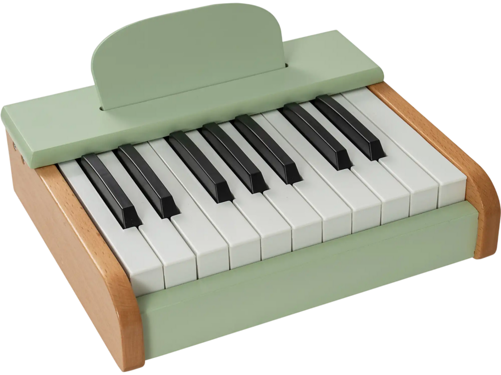 Wooden tabletop piano for kids with 18 keys in green, featuring a removable music stand for educational fun.