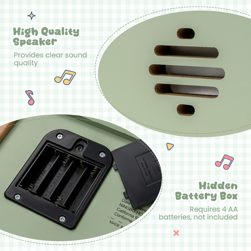 Close-up of the hidden battery box for the green 18 keys wooden piano, requiring 4 AA batteries for operation.