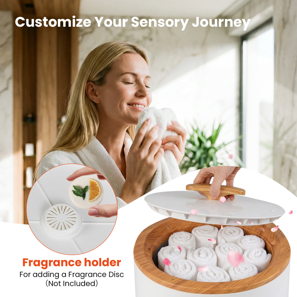 Large 18 L towel warmer with LED display, featuring an aromatherapy holder for a spa-like experience in your bathroom.
