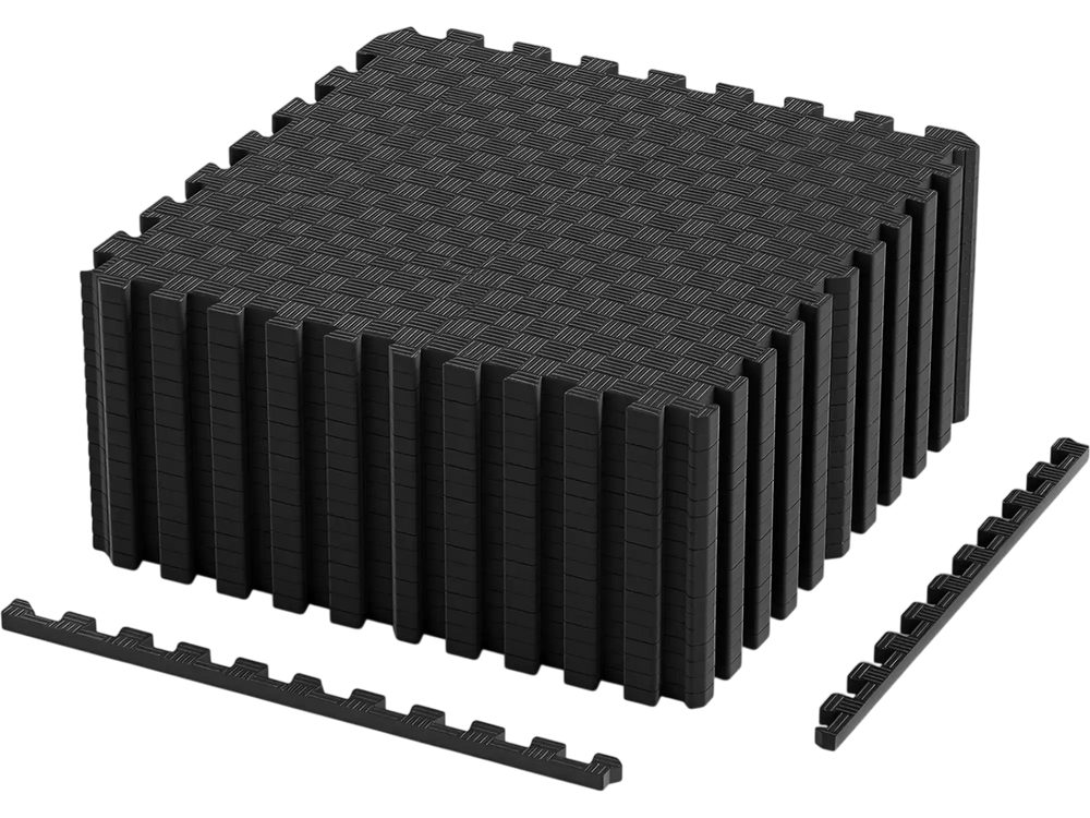 Black EVA foam interlocking exercise mat set of 18 tiles provides a slip-resistant surface for yoga and fitness routines.