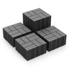Gray interlocking deck tiles in stacks, 18 pieces of 12 x 12 inch weather-resistant flooring for outdoor spaces.