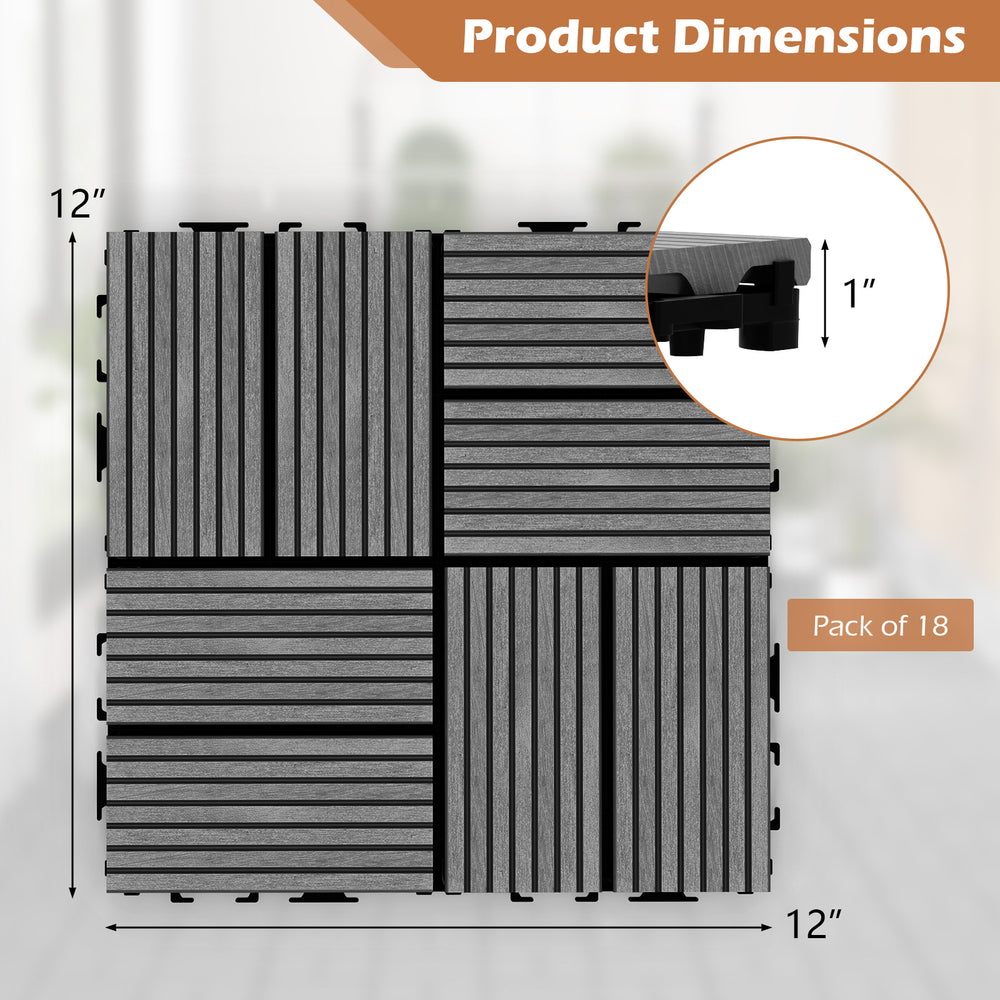 12x12 inch interlocking deck tiles in gray, pack of 18, featuring a weather-resistant and anti-slip design for outdoor.