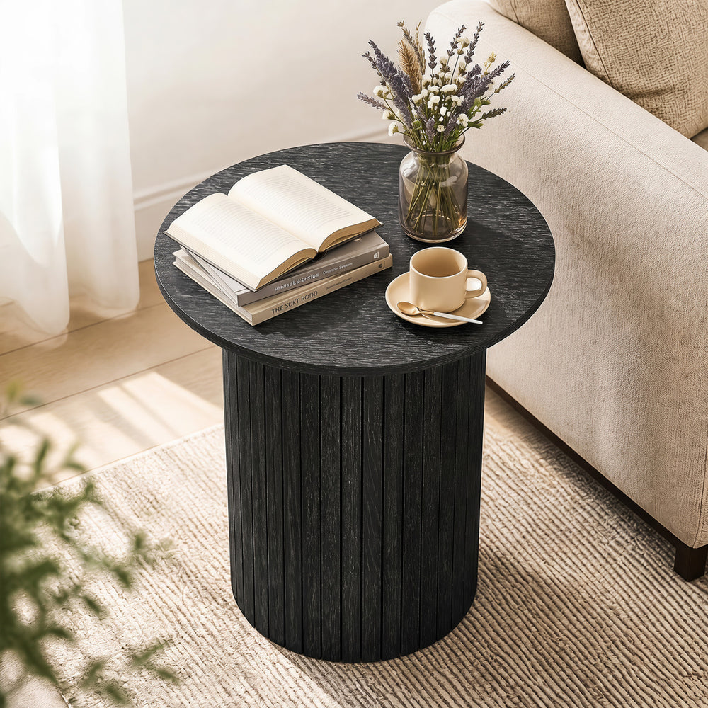 18" Round Fluted Side Table with Pedestal Drum Design and Non-Slip Foot Pads for Small Spaces-Black - Gallery View 1 of 10