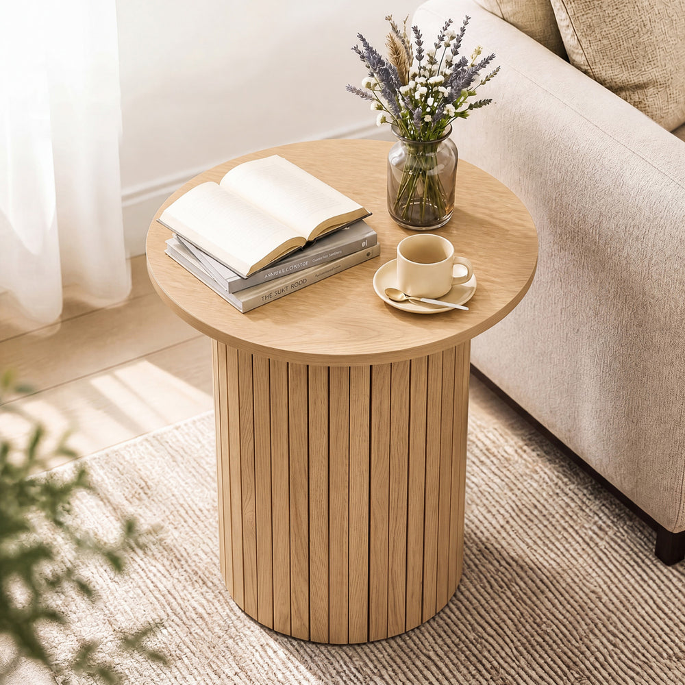 18" Round Fluted Side Table with Pedestal Drum Design and Non-Slip Foot Pads for Small Spaces-Natrual - Gallery View 1 of 10