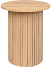 Round fluted side table in natural finish, 18" diameter, designed for stability with non-slip foot pads for small spaces.