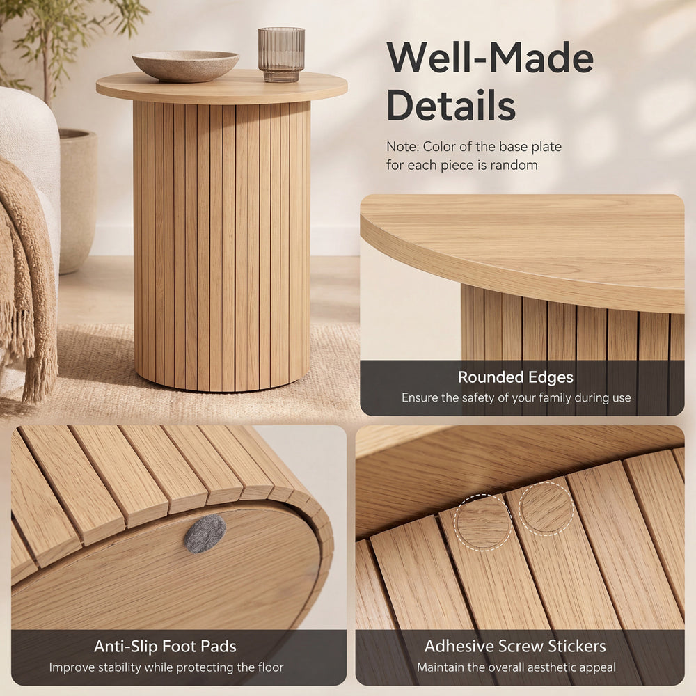 Round fluted side table with non-slip foot pads, crafted from engineered wood, perfect for small spaces and versatile use.